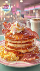 Stack of Fluffy Pancakes with Syrup and Bacon for Breakfast or Brunch