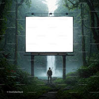 Adventurer Standing Before Blank Billboard by Waterfall