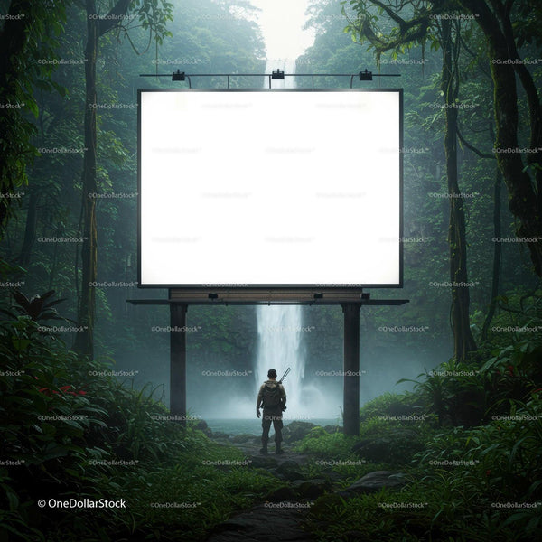 Adventurer Standing Before Blank Billboard by Waterfall JPG Mockup Image