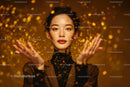 Elegant Woman with Freckles Surrounded by Golden Confetti