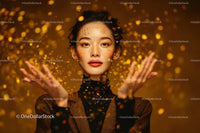 Elegant Woman with Freckles Surrounded by Golden Confetti