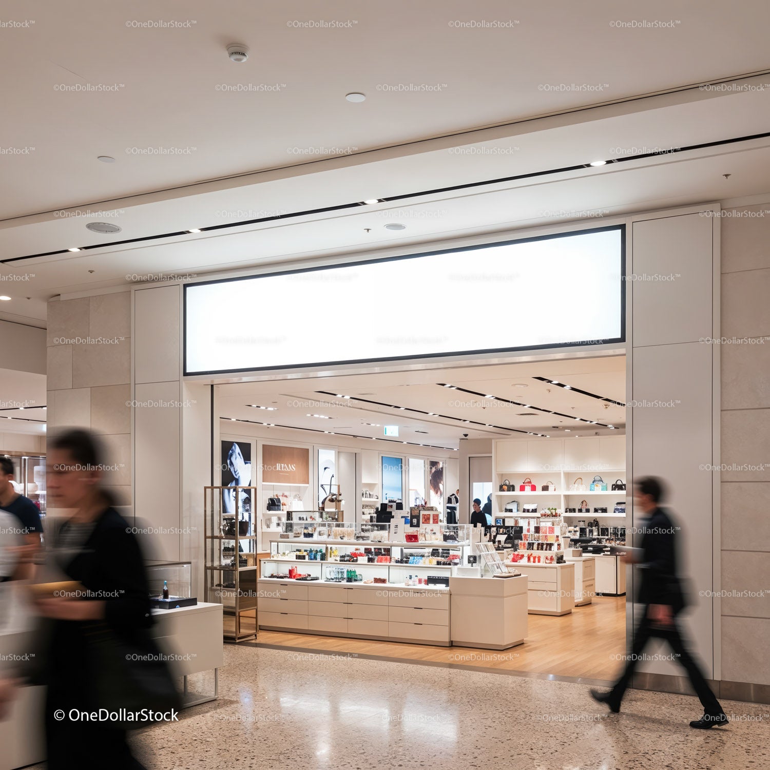 Modern open cosmetic store interior in busy shopping mall