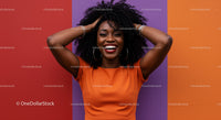 Vibrant black woman with curly hair smiling in colorful background