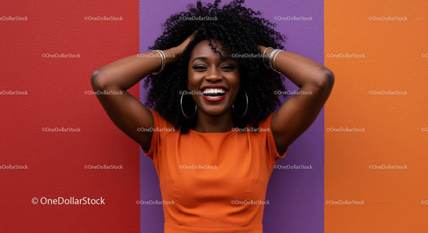 Vibrant black woman with curly hair smiling in colorful background