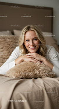 Smiling young woman relaxing on cozy bed with fluffy pillow