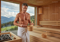 Man in Sauna With Mountain View and Wooden Interior