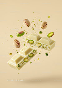 White chocolate bar with whole pistachio nuts floating