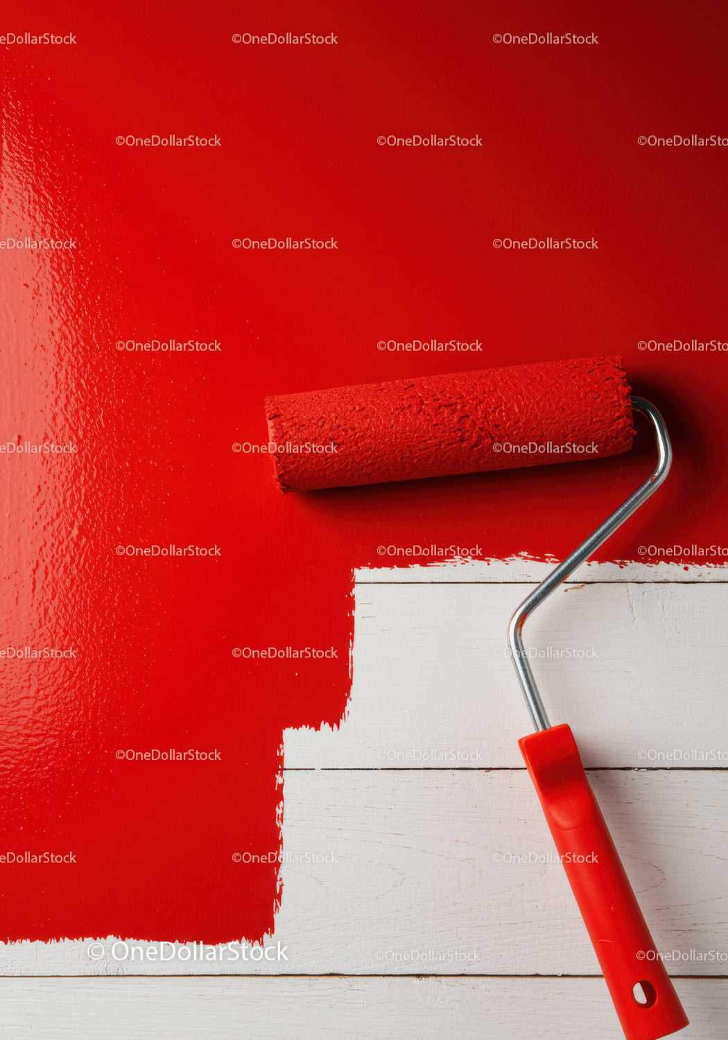 Red Paint Wall in Progress with Paint Roller on White Wooden Floor