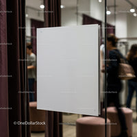 Blank signboard in modern fitting room with shoppers