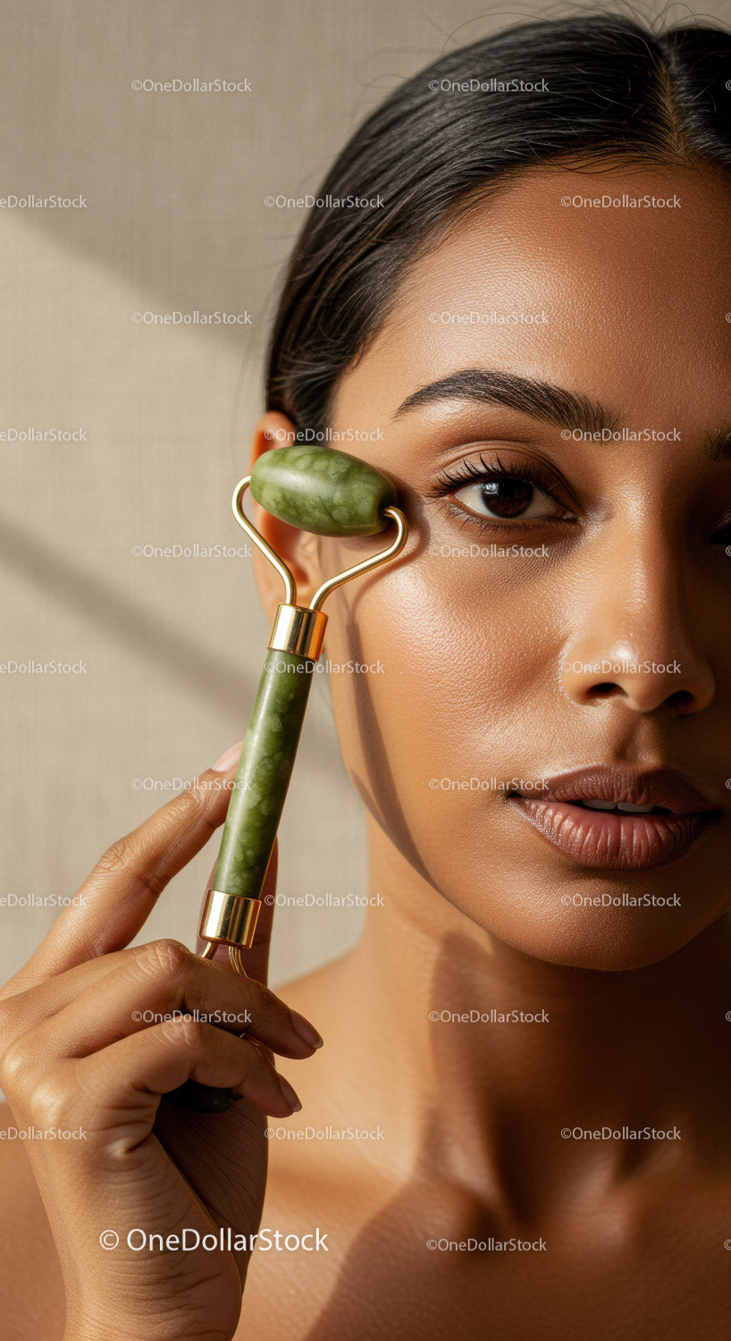 Close-up of a woman using jade roller on her face for skincare routine