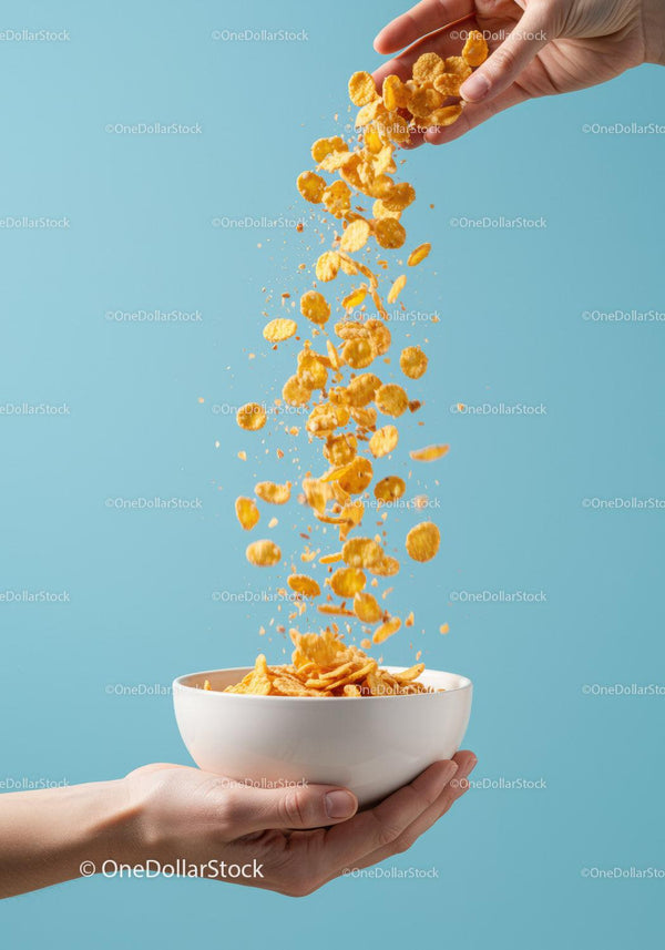 Hand Pouring Cornflakes into White Bowl on Blue Background