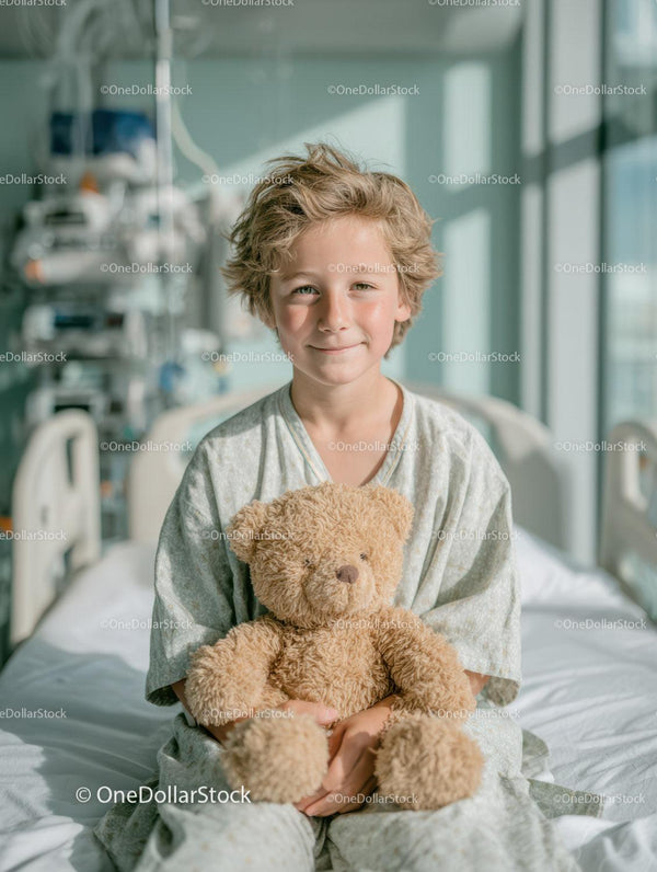 Joyful Young Child Holding Teddy Bear in Bright Hospital Room