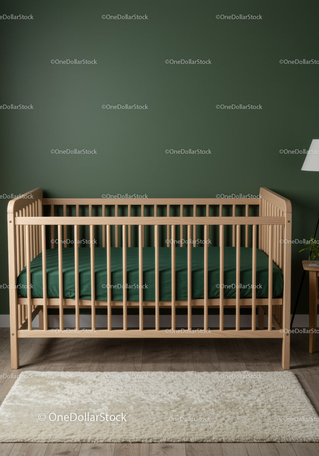 Wooden Baby Crib in Modern Nursery with Green Wall and Soft Rug