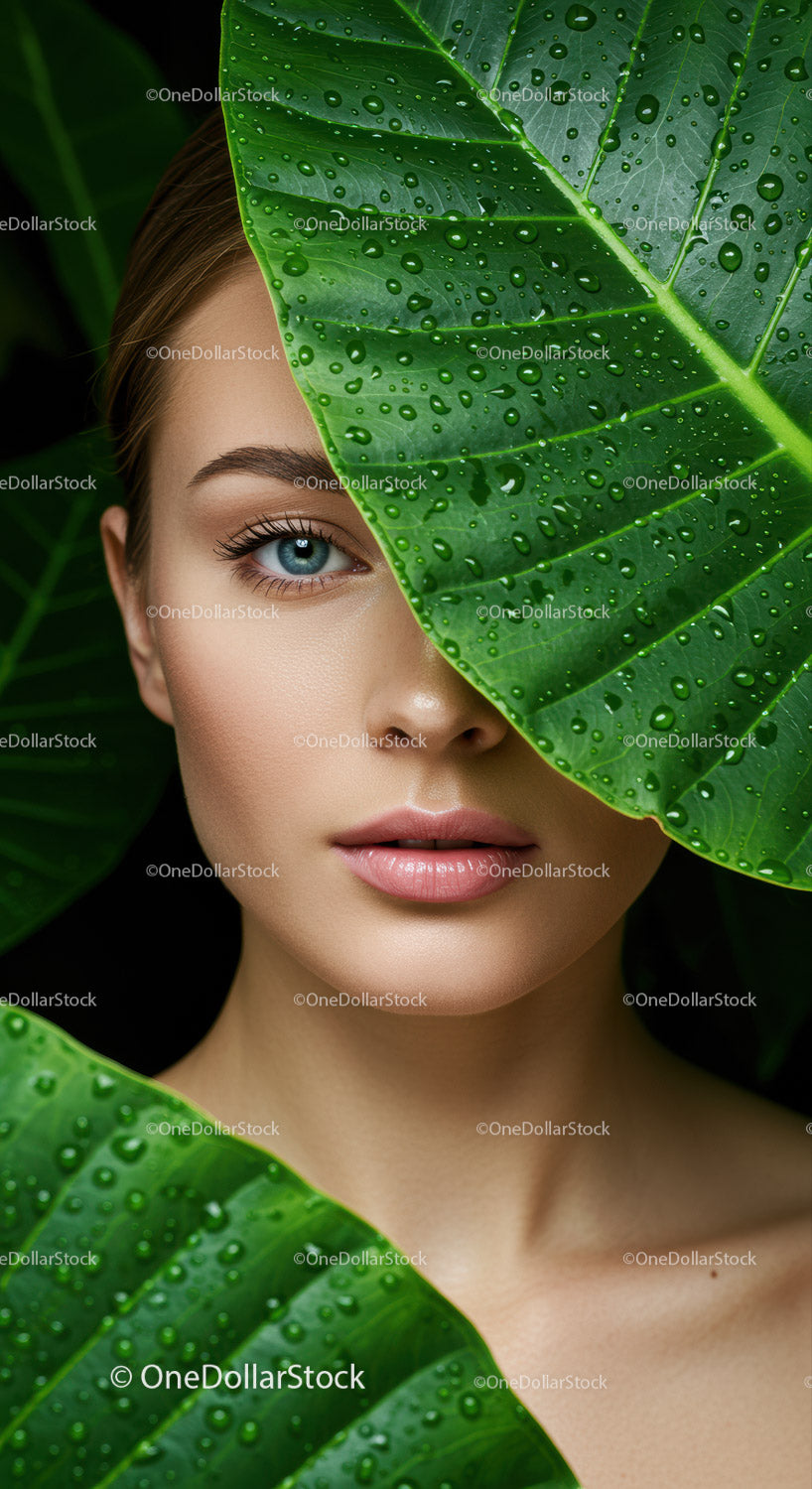 Portret eleganckiej kobiety z zielonymi liśćmi w naturalnym otoczeniu
