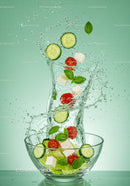 Fresh vegetable ingredients splashing from glass bowl
