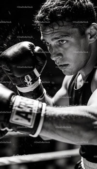 Focused Boxer Training in Intense Black and White Scene