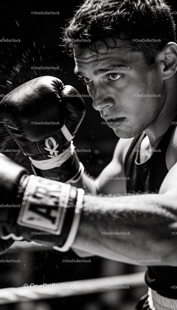 Focused Boxer Training in Intense Black and White Scene