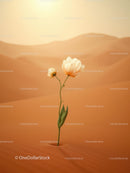 Delicate white flower blooming in vast desert sand