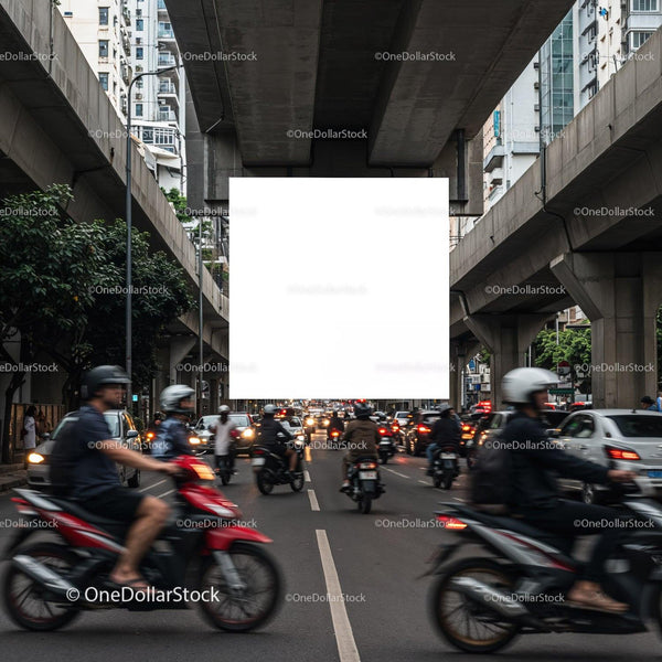 Busy urban street with motorbikes under concrete overpass JPG Mockup Image