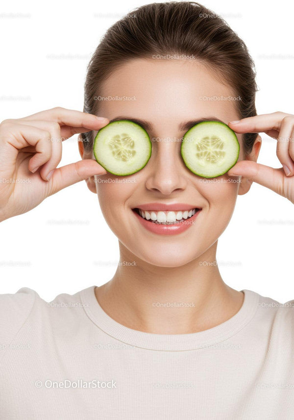 Bright Smiling Woman with Cucumber Slices Over Her Eyes and White Background