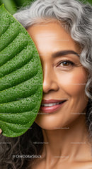 Smiling Woman with Gray Hair and Fresh Green Leaf in Natural Setting