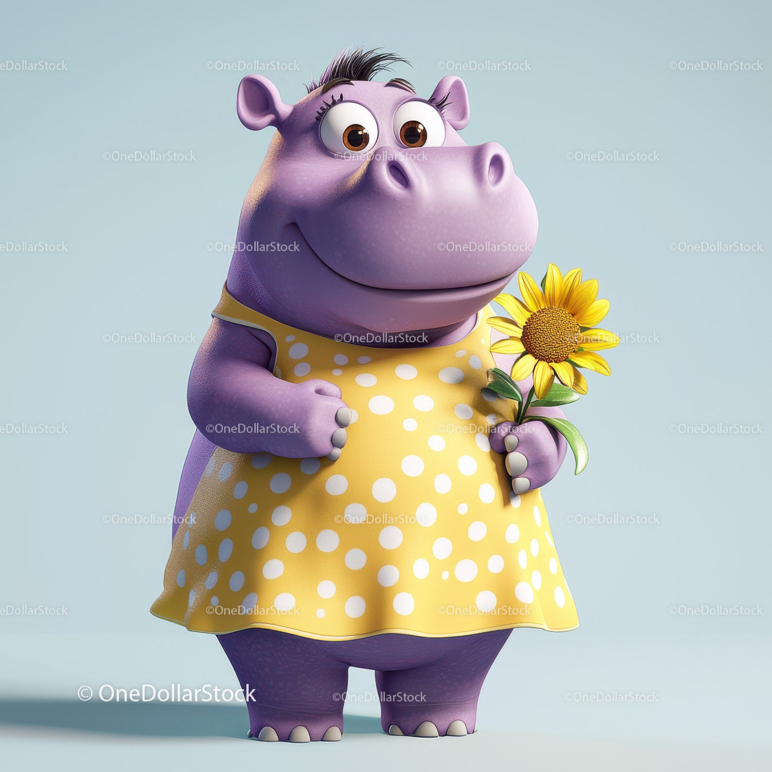 Cute Cartoon Hippopotamus in Yellow Dress Holding Sunflower