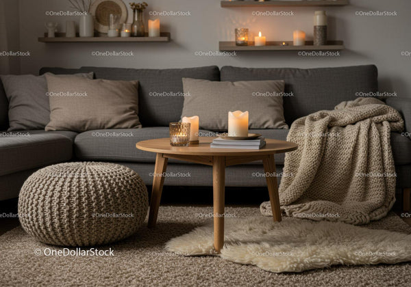 Cozy living room with warm candles and soft textures