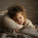Thoughtful child resting on moon printed pillow under blanket