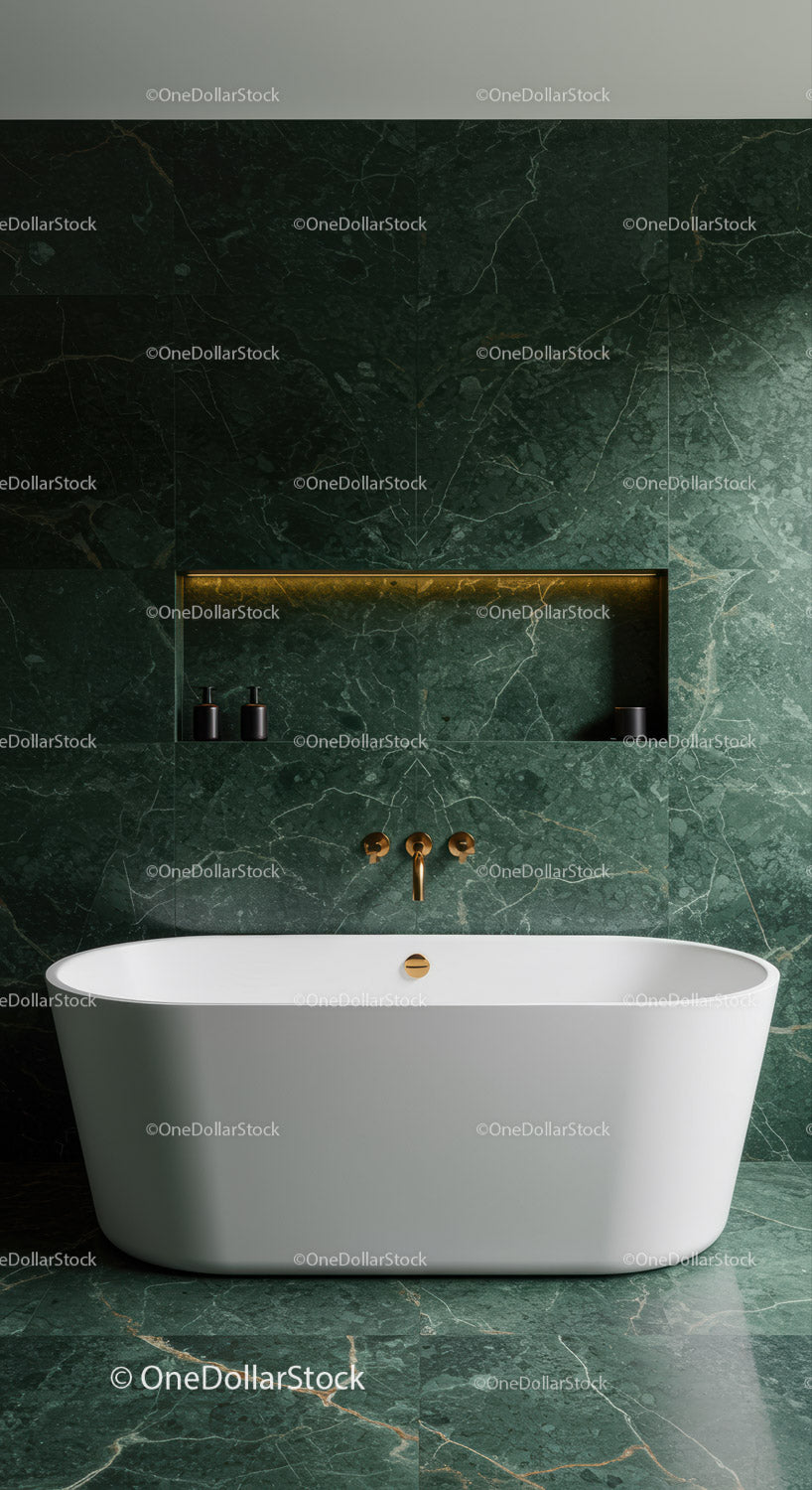 Luxurious Green Marble Bathroom with White Freestanding Tub and Gold Fixtures