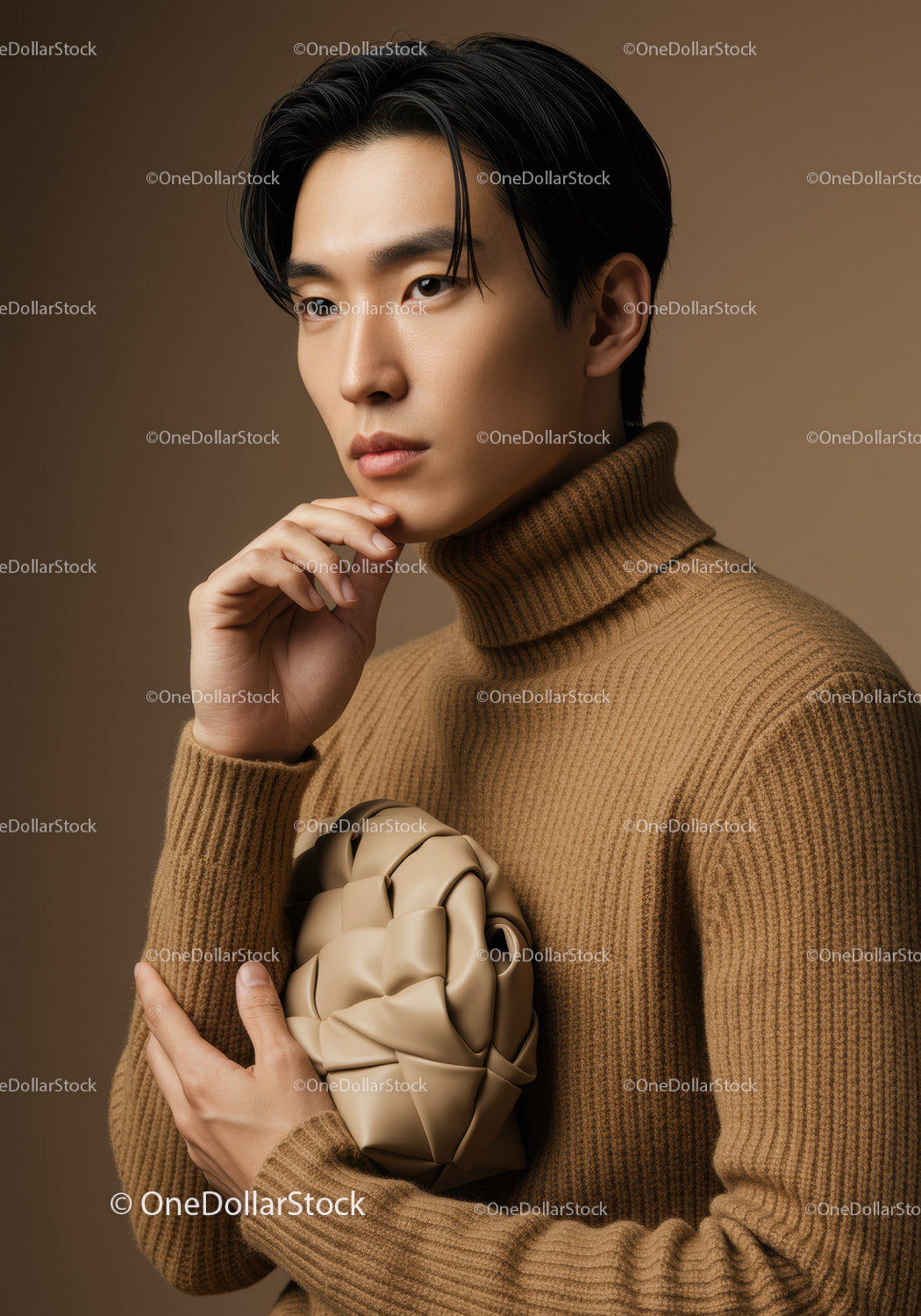 Stylish Young Man in Beige Turtleneck Holding a Modern Art Ball