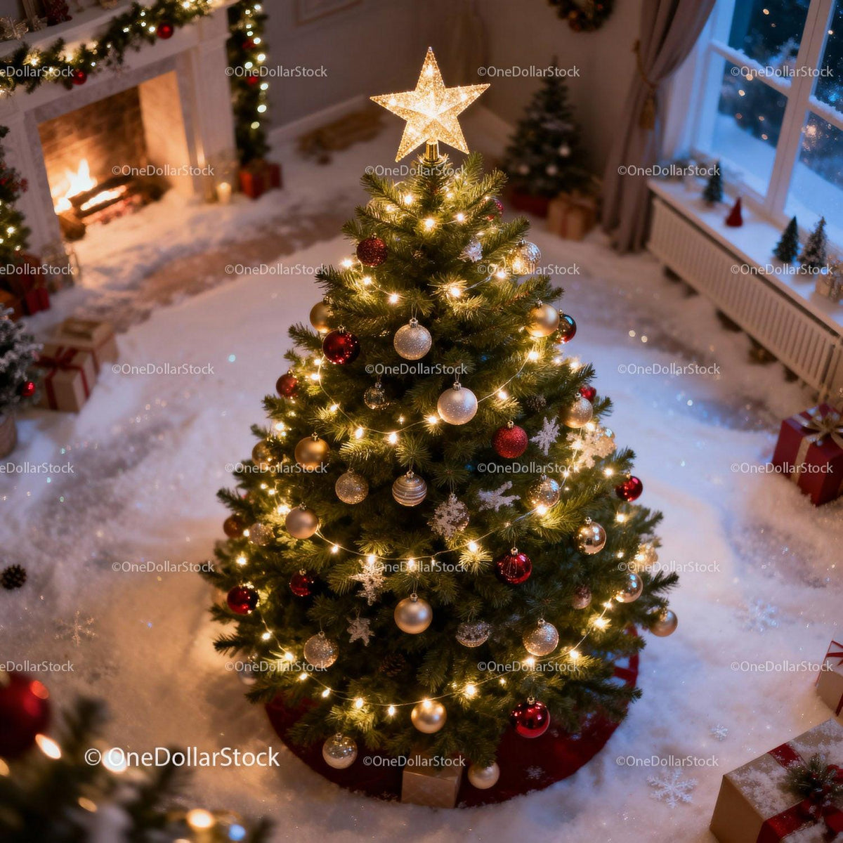 Cozy Christmas tree glowing in warmly lit living room