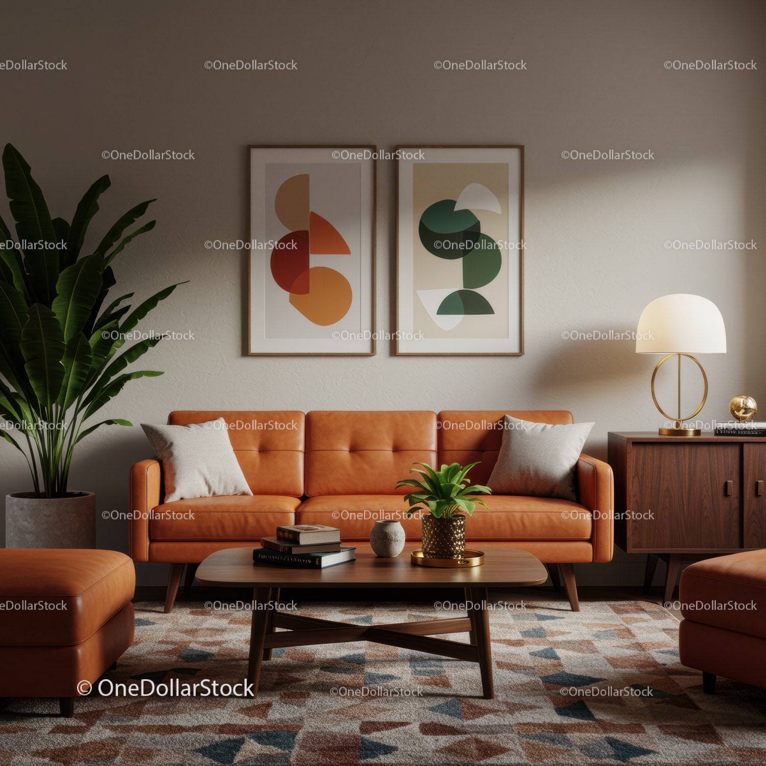 Przytulny salon w stylu mid-century z ciepłą skórzaną sofą