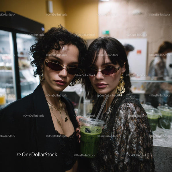 Fashionable Women with Sunglasses and Green Drink in Trendy Night Scene