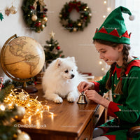 Girl in Elf Costume Playing with Dog by Christmas Decor