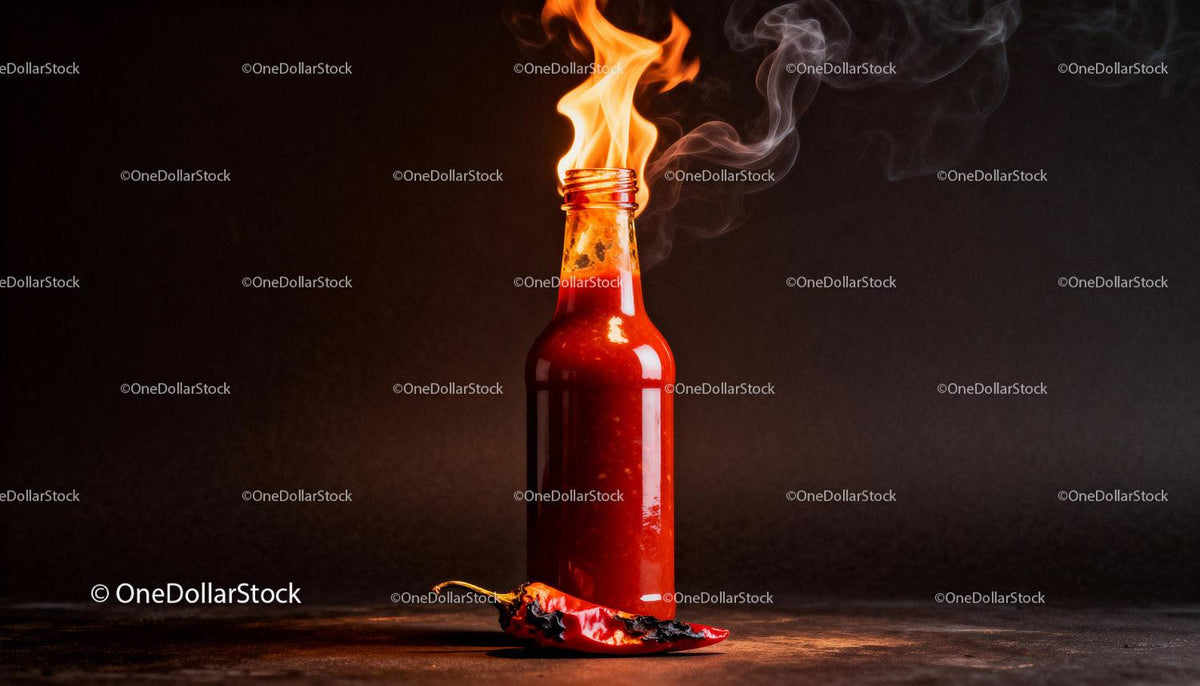 Fiery hot sauce bottle with burning flame and chili pepper