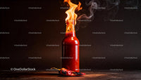 Fiery hot sauce bottle with burning flame and chili pepper