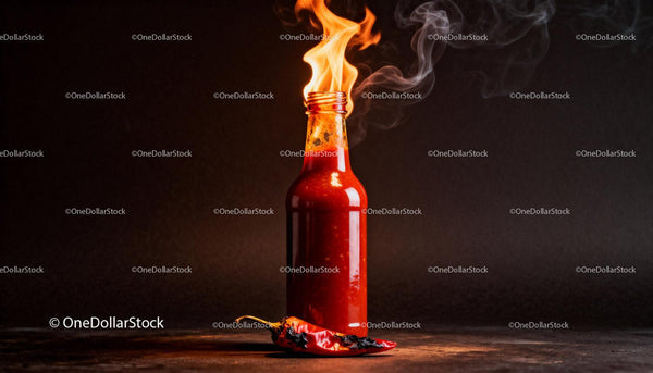 Fiery hot sauce bottle with burning flame and chili pepper