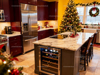 Festive modern kitchen with decorated Christmas tree