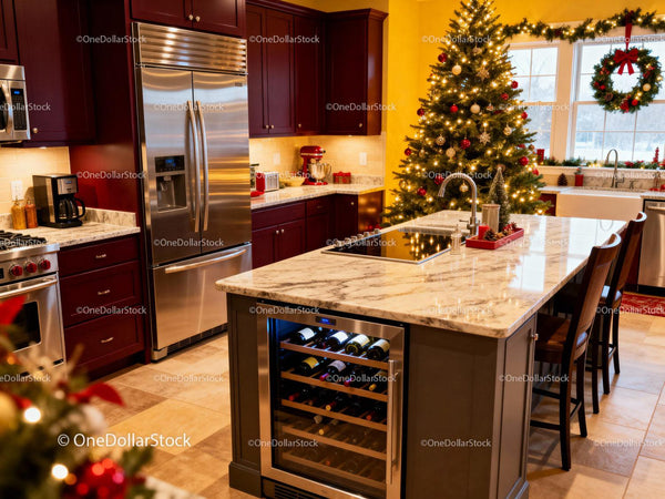 Festive modern kitchen with decorated Christmas tree