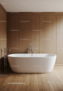 Elegant White Freestanding Bathtub in Modern Wooden Bathroom