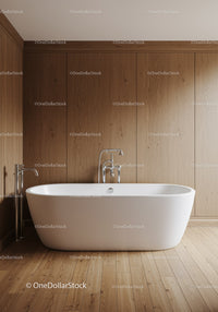 Elegant White Freestanding Bathtub in Modern Wooden Bathroom