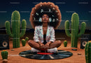 Woman enjoying music with headphones in desert at night