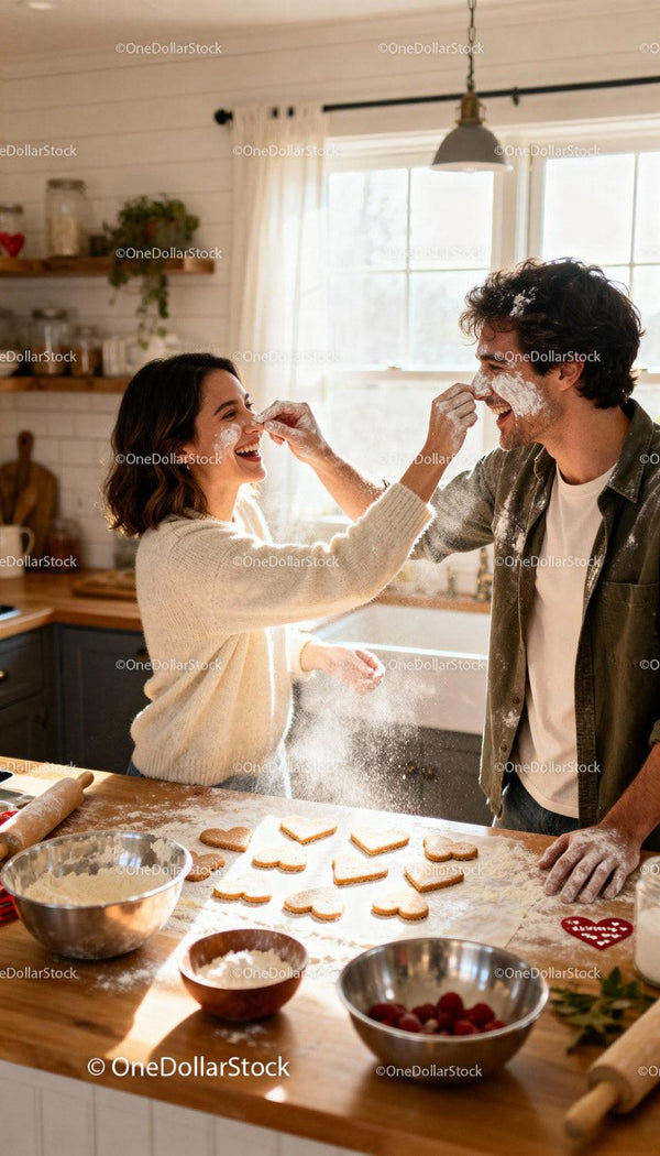 Couple Playfully Baking Heart-Shaped Cookies Together