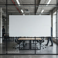 Modern office meeting room with glass walls and blank board