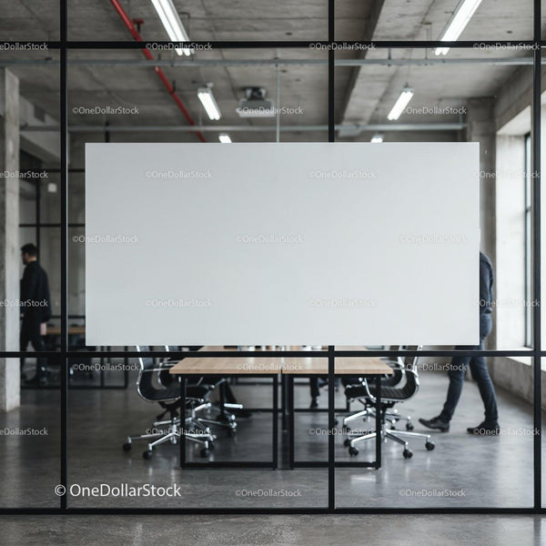 Modern office meeting room with glass walls and blank board JPG Mockup Image