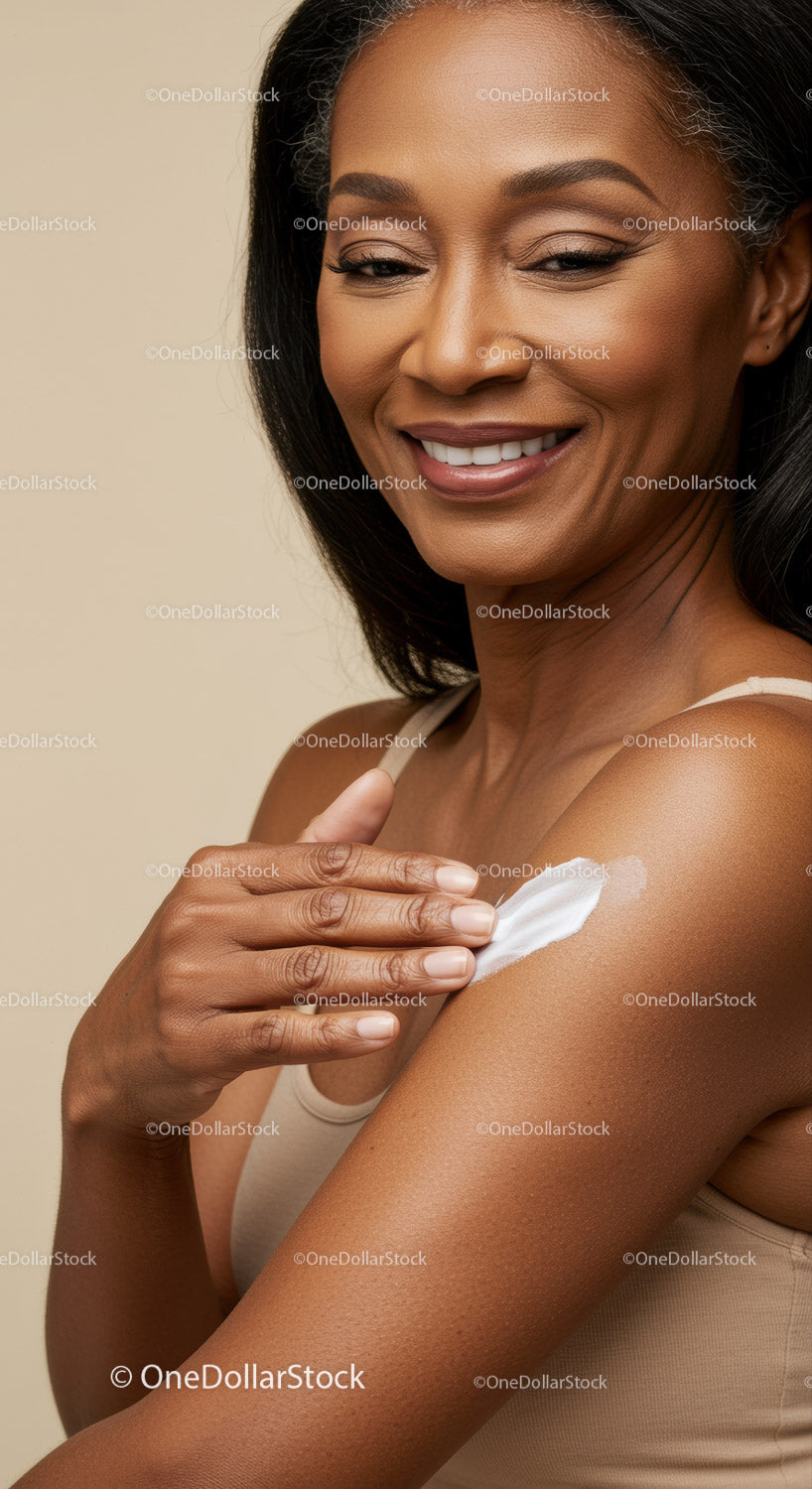 Smiling Woman Applying Lotion for Beautiful Flawless Skin
