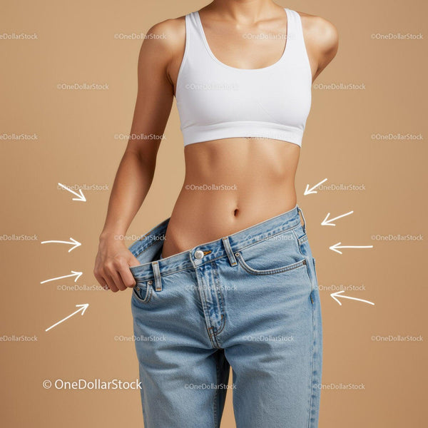 Young Woman Wearing Oversized Blue Jeans and White Sports Bra in Casual Style