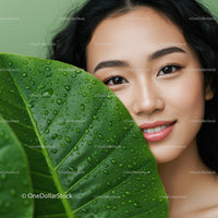 Beautiful Woman with Green Leaf and Water Droplets Close-up