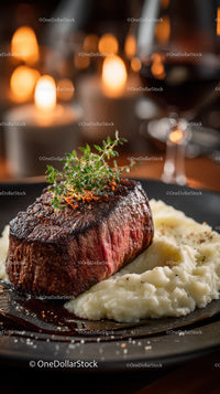Gourmet Beef Steak with Mashed Potatoes and Rosemary Garnish