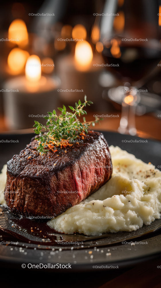Gourmet Beef Steak with Mashed Potatoes and Rosemary Garnish